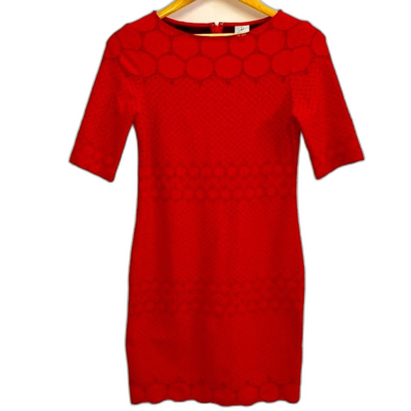 Julia Jordan Red Black Eyelet Elbow Sleeve Knee Length Bodycon Dress Size 4 - Picture 3 of 14